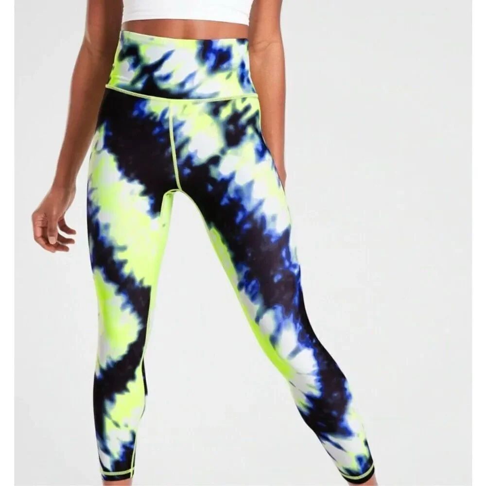 Athleta Elation Tie Dye 7/8 Tight Leggings Cobalt Blue Yellow Sz Small